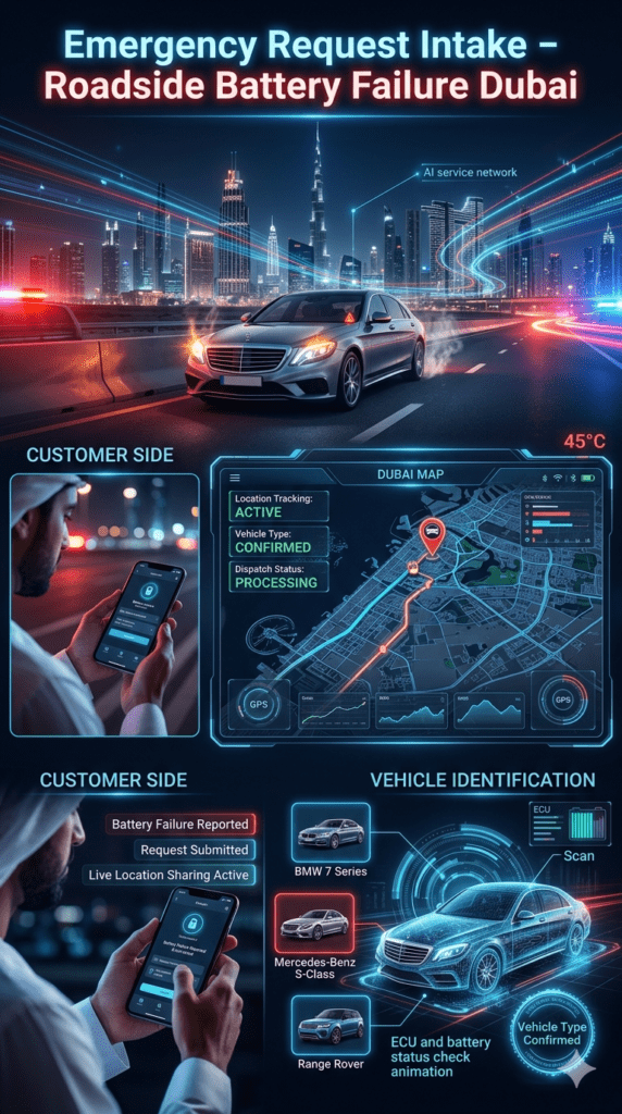Futuristic infographic showing emergency roadside battery failure request process in Dubai with mobile app reporting, GPS tracking system, and vehicle identification dashboard.