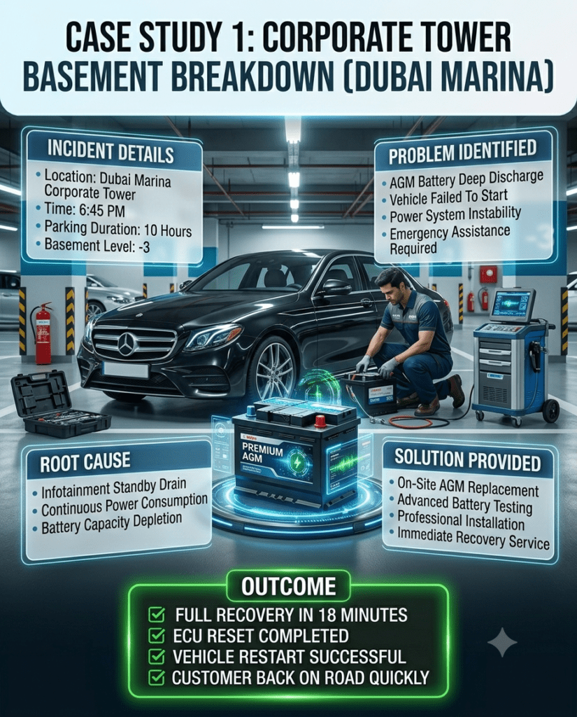 Luxury infographic showing a Mercedes E-Class battery breakdown in a Dubai Marina corporate tower basement with technicians performing an AGM battery replacement and displaying incident details, cause, solution, and successful recovery outcome.