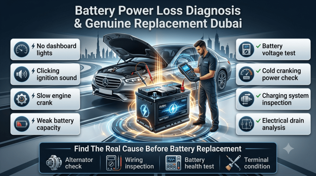 Battery Power Loss Diagnosis Before Replacement Dubai Car battery power loss diagnosis Dubai showing battery testing, electrical inspection, and professional replacement service.