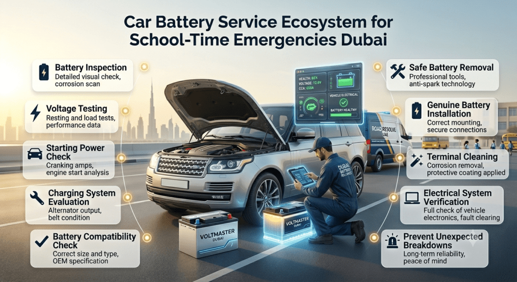 Car battery service ecosystem Dubai with roadside inspection, voltage testing, battery installation, and emergency assistance before school drop-off