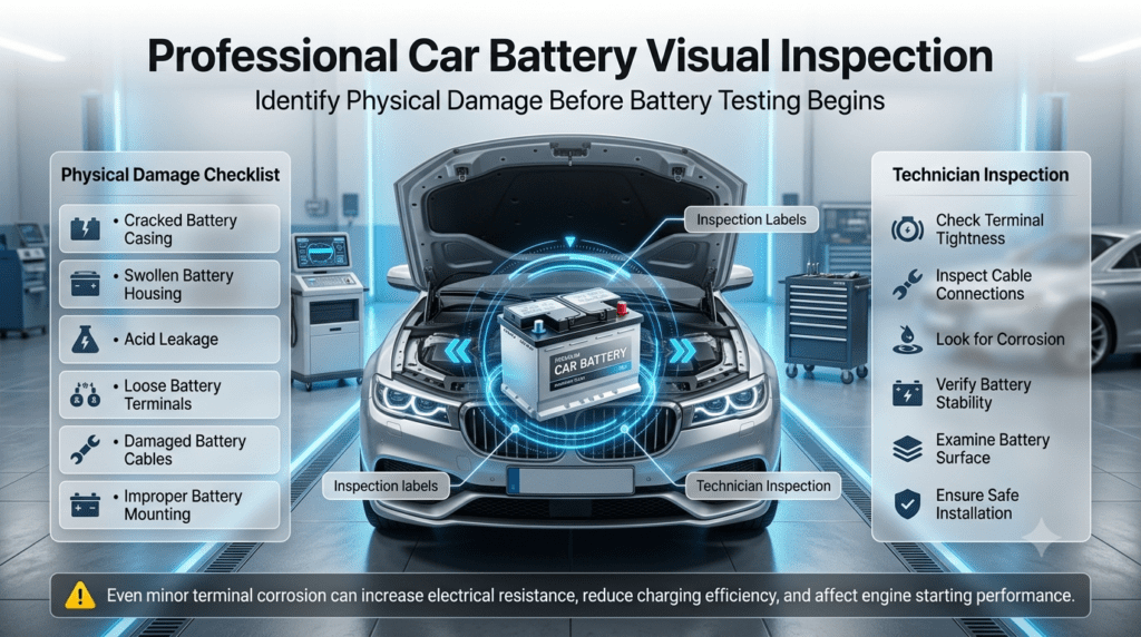 Professional Car Battery Visual Inspection | Physical Damage Checklist Professional car battery visual inspection infographic showing key physical checks such as cracked casing, acid leakage, loose terminals, corrosion, damaged cables, and improper battery mounting.