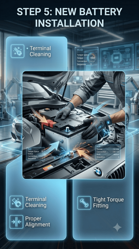 Step 5: New Battery Installation – Proper Car Battery Fitment Guide Professional infographic showing Step 5 of car battery installation, highlighting terminal cleaning, proper alignment, and tight torque fitting with a mechanic installing a new car battery in a modern workshop.