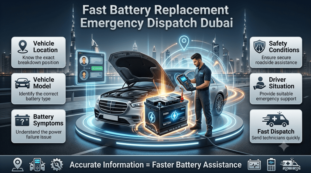 Fast Battery Replacement Emergency Dispatch Process Dubai Emergency battery replacement dispatch Dubai showing vehicle details, location tracking, battery symptoms, and roadside technician support.