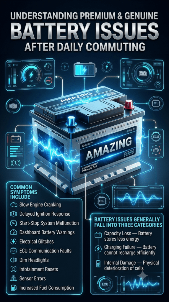 Professional automotive user guide infographic explaining premium and genuine battery issues after daily commuting, featuring a central premium battery, vehicle technology elements, battery warning indicators, common symptoms, and battery failure categories in a modern futuristic design.
