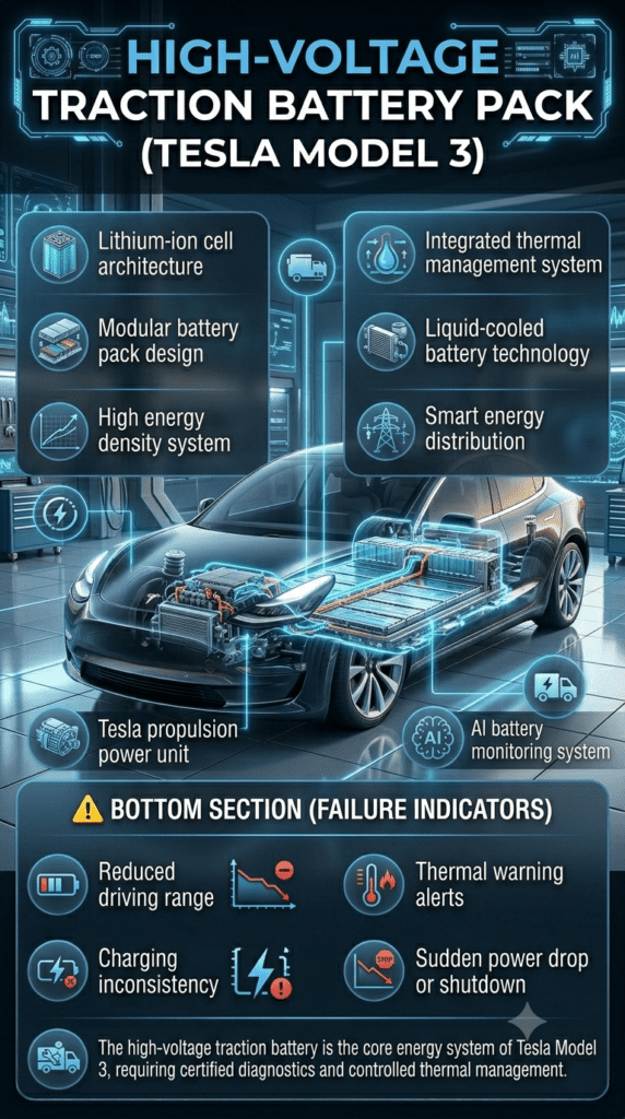 Tesla Model 3 High-Voltage Traction Battery Pack – Structure & Failure Indicators Cutaway infographic of Tesla Model 3 high-voltage traction battery pack showing lithium-ion cells, thermal system, and failure indicators in futuristic EV design.