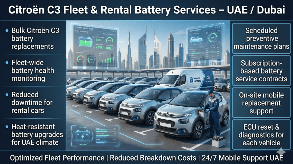 Fleet management infographic showing Citroën C3 rental cars in UAE with bulk battery replacement, preventive maintenance schedules, and subscription-based service models.