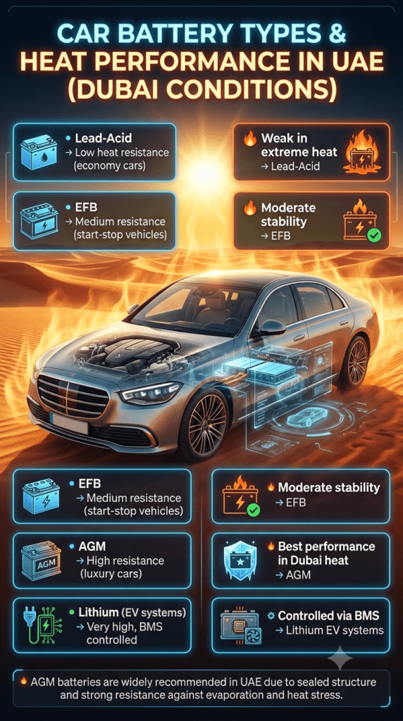 Car Battery Types & Heat Resistance Performance in UAE (Dubai Guide) Infographic showing different car battery types and their heat resistance performance in UAE conditions with luxury car and Dubai heat background.