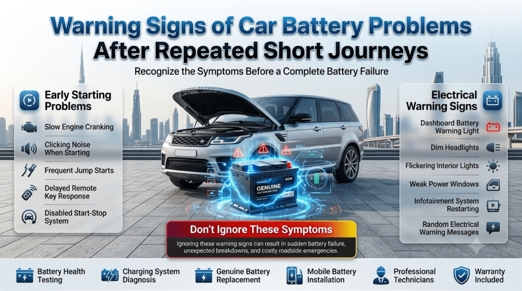 Warning Signs of Car Battery Problems After Repeated Short Journeys | User Guide Warning signs of car battery problems after repeated short journeys in Dubai, showing slow engine cranking, dashboard battery warning light, dim headlights, and other common symptoms in a premium automotive infographic.