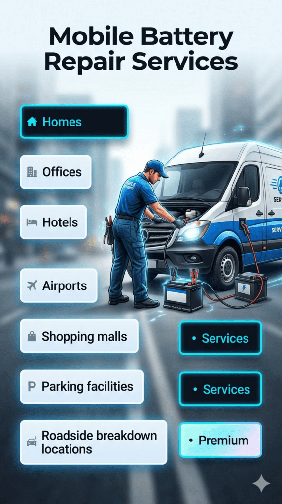 Mobile Battery Repair Services β On-Site Fast Assistance Guide Mobile battery repair service infographic showing technician support locations like homes, offices, hotels, airports, malls, parking areas, and roadside assistance.