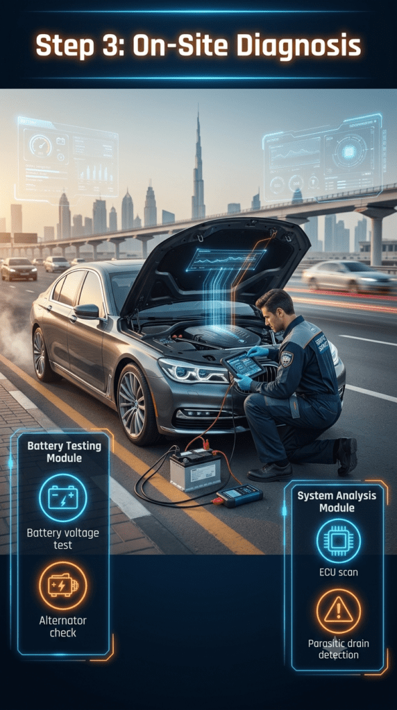 Step 3: On-Site Diagnosis – Fast Battery & Vehicle System Check in Dubai Mobile mechanic performing on-site car battery diagnosis in Dubai using digital scanner to test voltage, alternator, ECU, and parasitic drain in luxury vehicle.