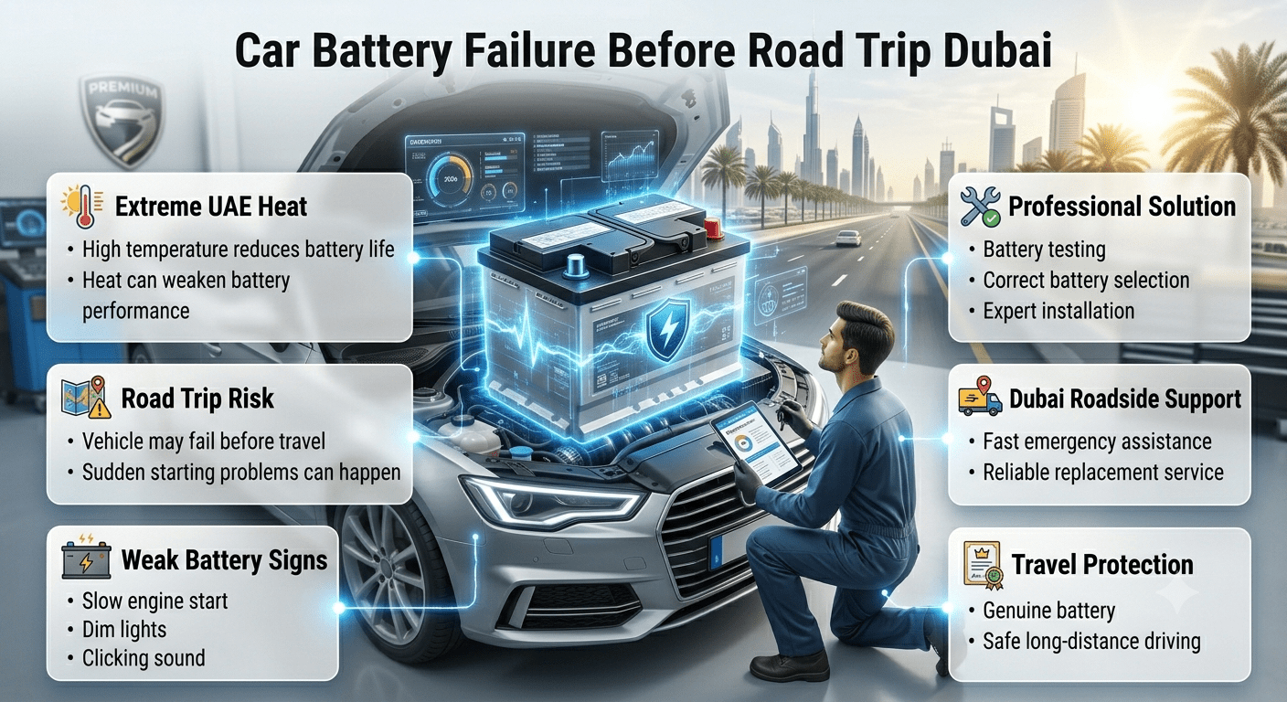 Car battery failure before road trip Dubai guide showing battery problems, UAE heat impact, emergency replacement service, and professional battery solutions.