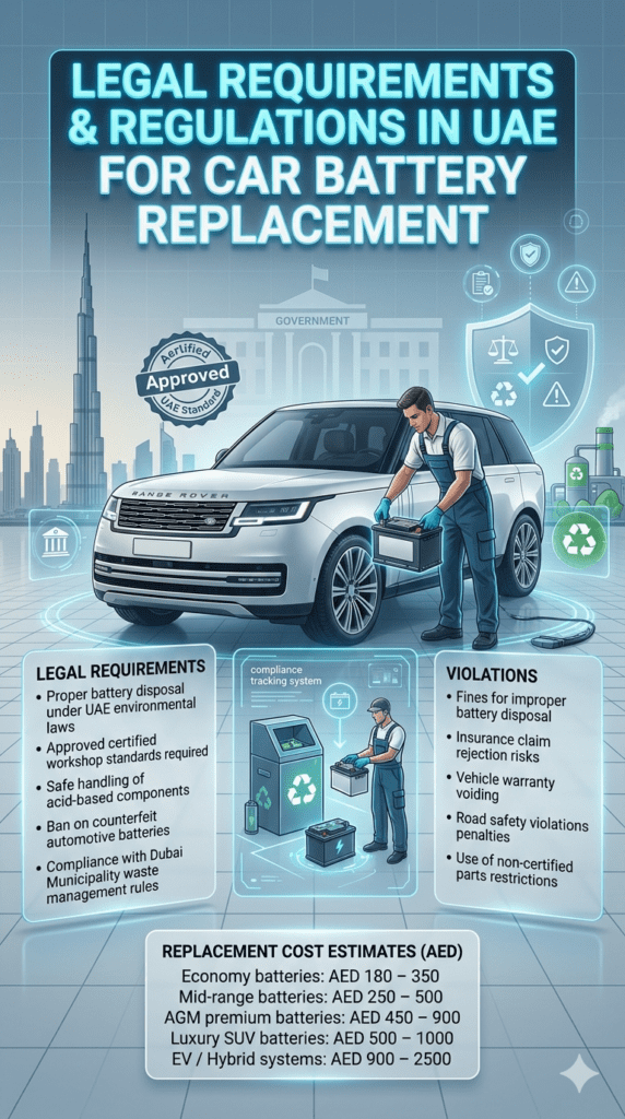 Infographic showing UAE legal requirements and regulations for car battery replacement including safety rules, disposal laws, violations, and pricing structure in Dubai.