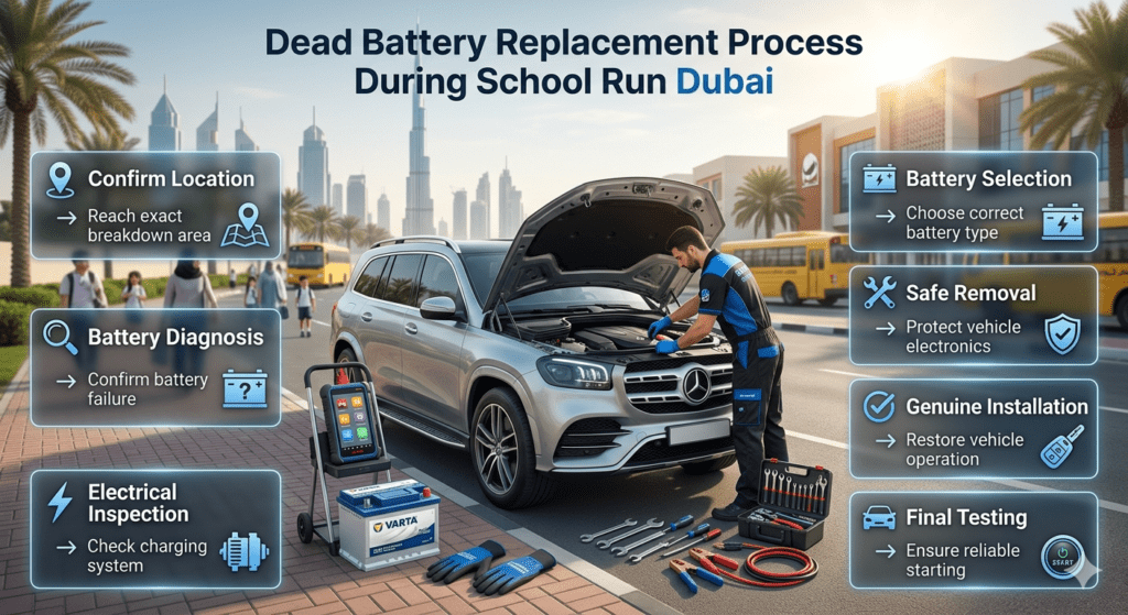 Emergency dead battery replacement process during school run in Dubai showing vehicle diagnosis, safe battery removal, genuine installation, and final testing.