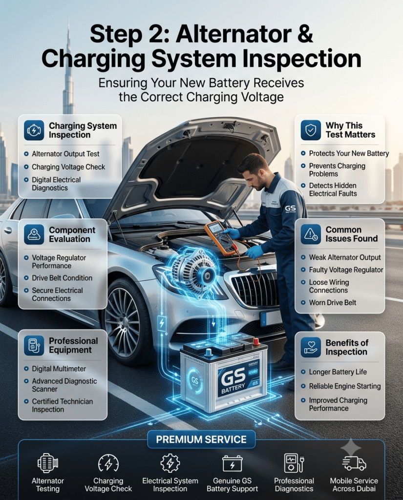 Step 2: Alternator & Charging System Inspection Before Battery Replacement Professional alternator and charging system inspection in Dubai, including alternator output testing, charging voltage analysis, voltage regulator inspection, belt condition check, and electrical connection diagnostics before battery replacement.