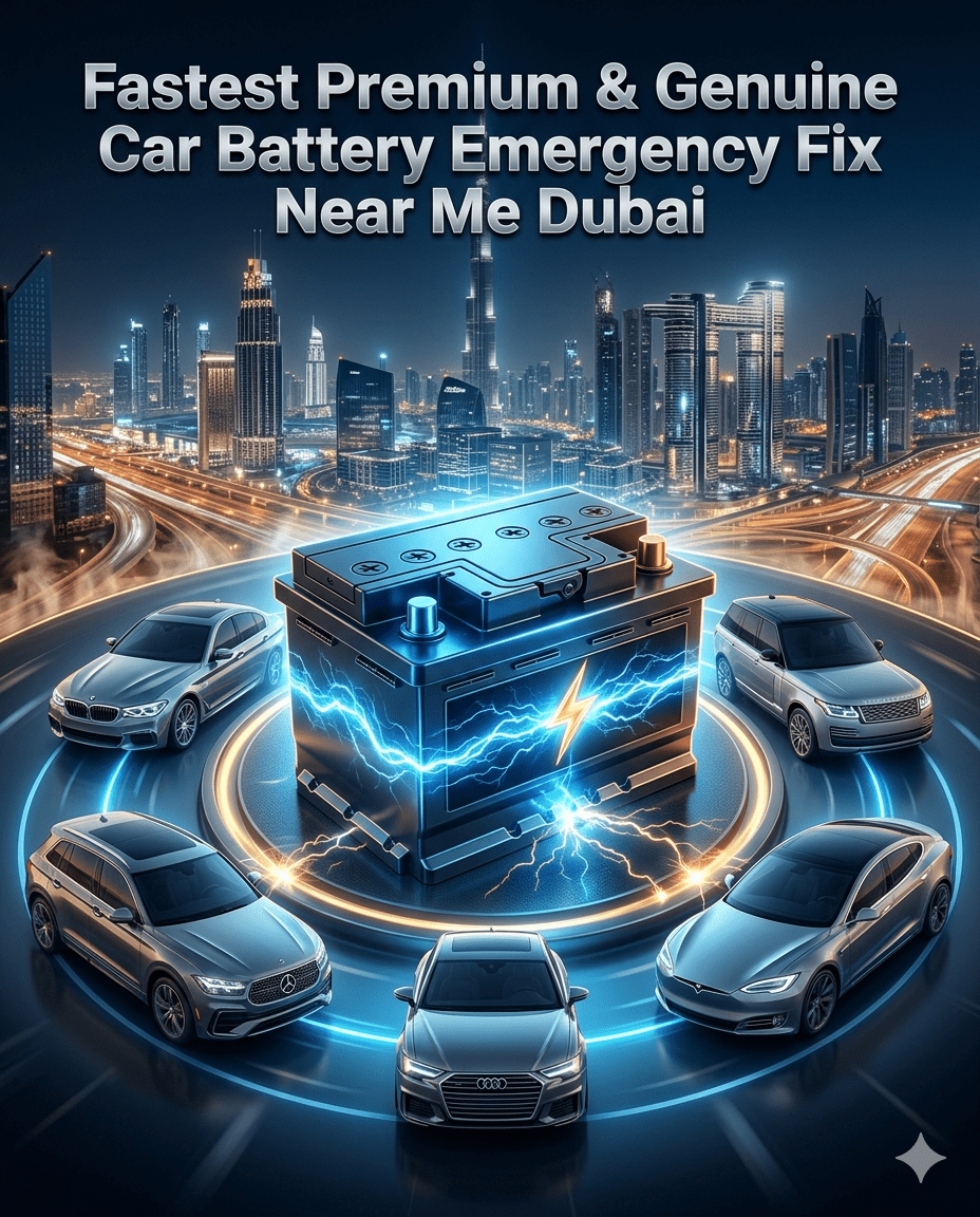 Luxury car battery emergency fix service in Dubai with premium vehicles, roadside assistance, and high-tech battery replacement concept.