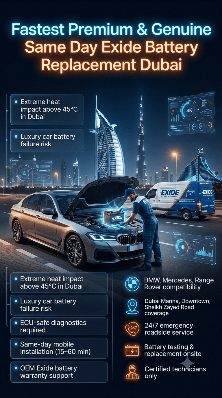 Fastest Premium & Genuine Same Day Exide Battery Replacement Dubai infographic showing luxury car roadside battery replacement service with technician, Dubai skyline, and Exide battery installation process.