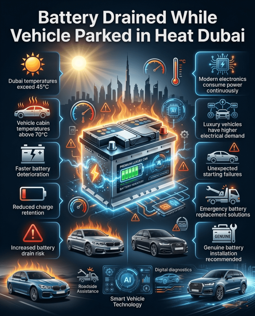 Professional automotive infographic showing a premium car battery affected by Dubai summer heat, with warning signs, temperature impact, battery drain causes, and emergency battery replacement solutions displayed around the battery in a modern high-end design.