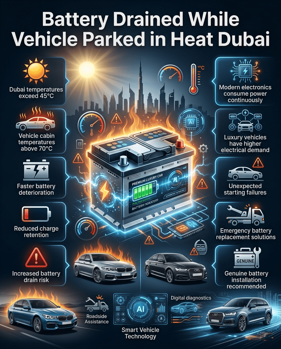 Professional automotive infographic showing a premium car battery affected by Dubai summer heat, with warning signs, temperature impact, battery drain causes, and emergency battery replacement solutions displayed around the battery in a modern high-end design.