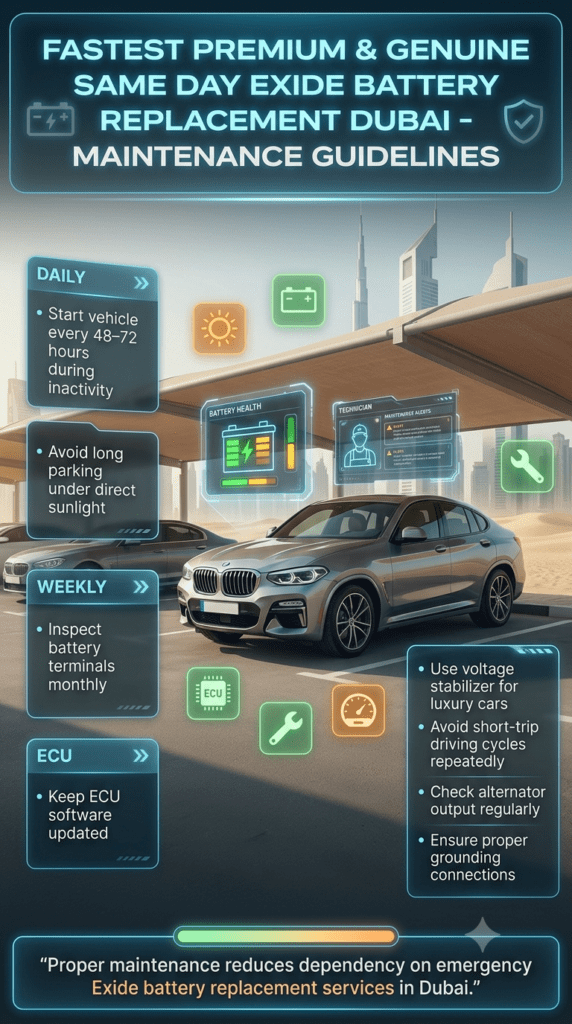 Fastest Premium & Genuine Same Day Exide Battery Replacement Dubai maintenance guide infographic showing battery care tips, ECU updates, and vehicle electrical system maintenance in Dubai climate.