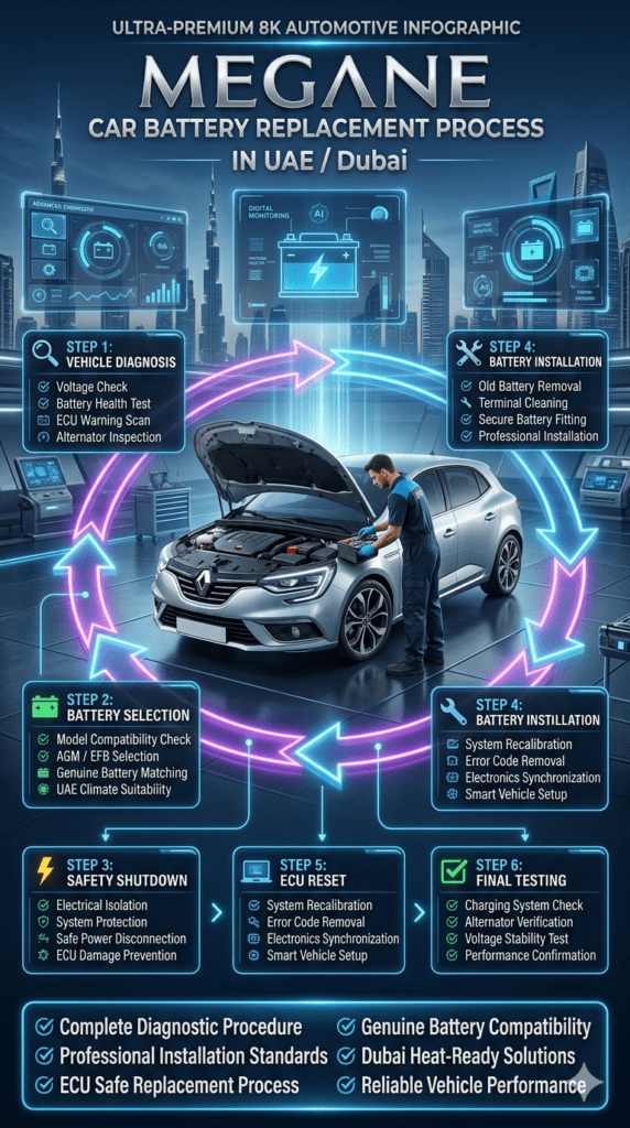 Megane car battery replacement process infographic showing six steps including vehicle diagnosis, battery selection, safety shutdown, installation, ECU reset, and final testing.