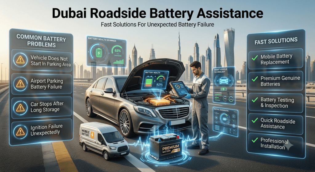 Dubai roadside battery assistance showing car starting failure after long storage, mobile battery replacement service, and professional vehicle support