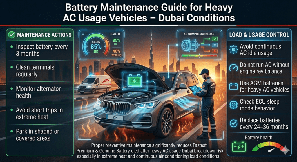 Modern infographic showing car battery maintenance tips for Dubai heat conditions and heavy AC usage, with luxury car and digital diagnostics interface.