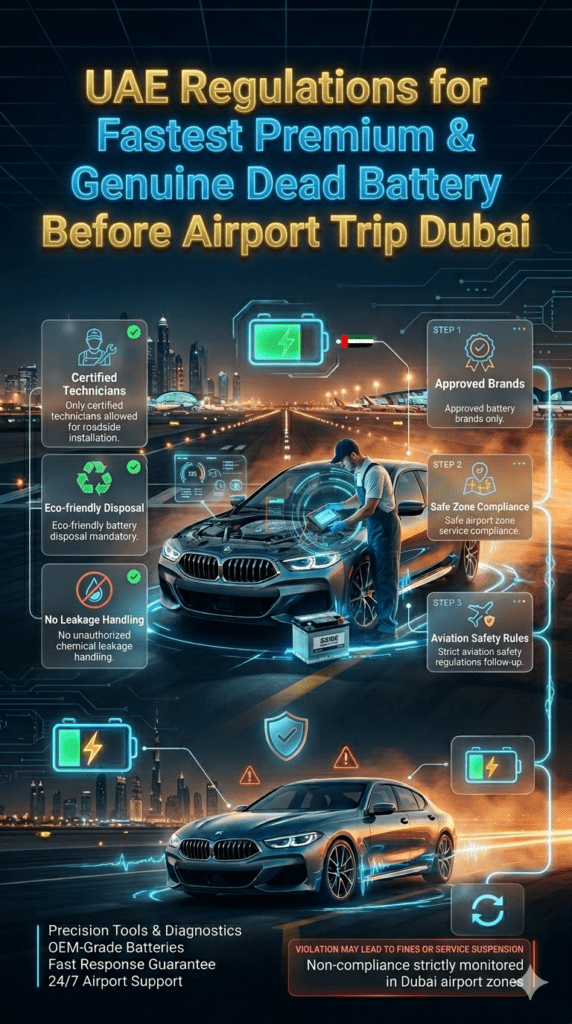 Professional automotive compliance infographic showing UAE regulations for car battery replacement services near Dubai airport including technician certification, safety rules, and approved battery handling.
