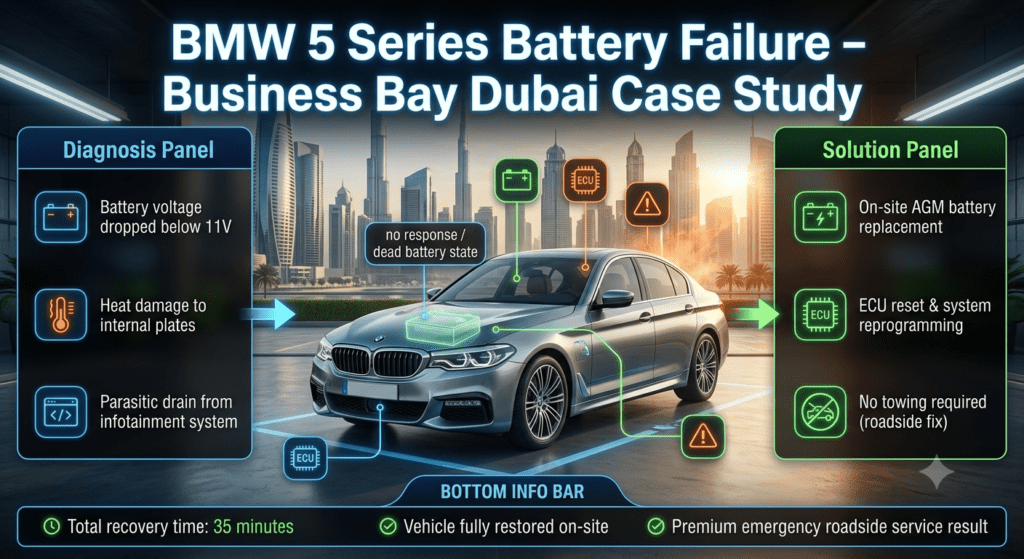BMW 5 Series Dead Battery Case Study โ Hot Night Failure in Dubai Business Bay BMW 5 Series showing dead battery issue in Dubai Business Bay with diagnostic readings, ECU reset, and on-site AGM battery replacement solution.