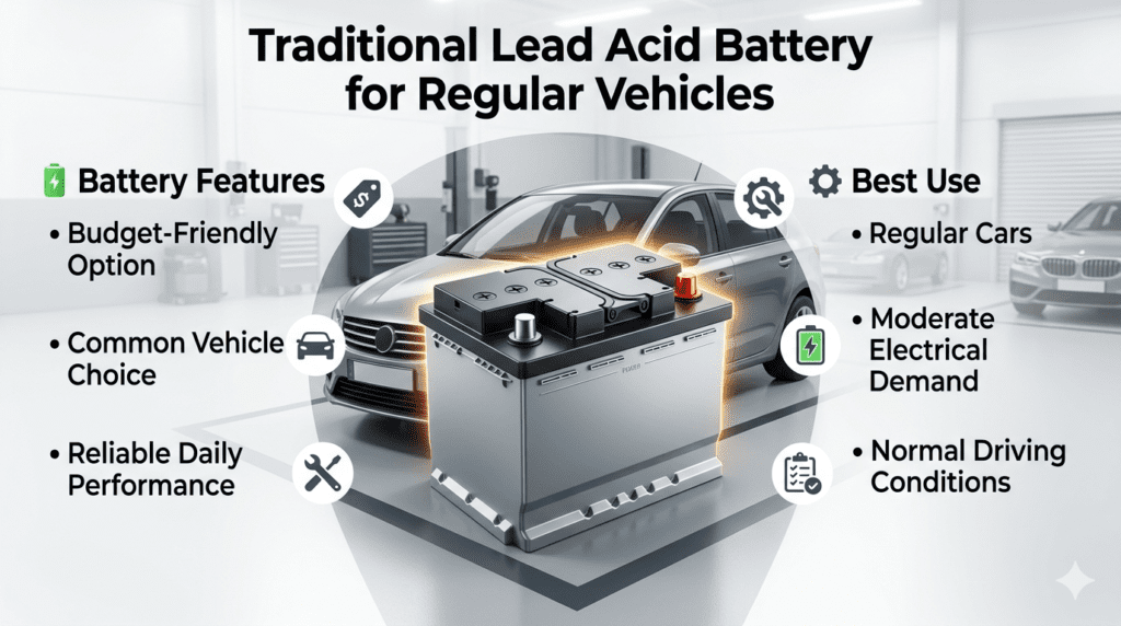 Traditional lead acid car battery for regular vehicles showing budget-friendly performance, basic maintenance, and normal driving use.