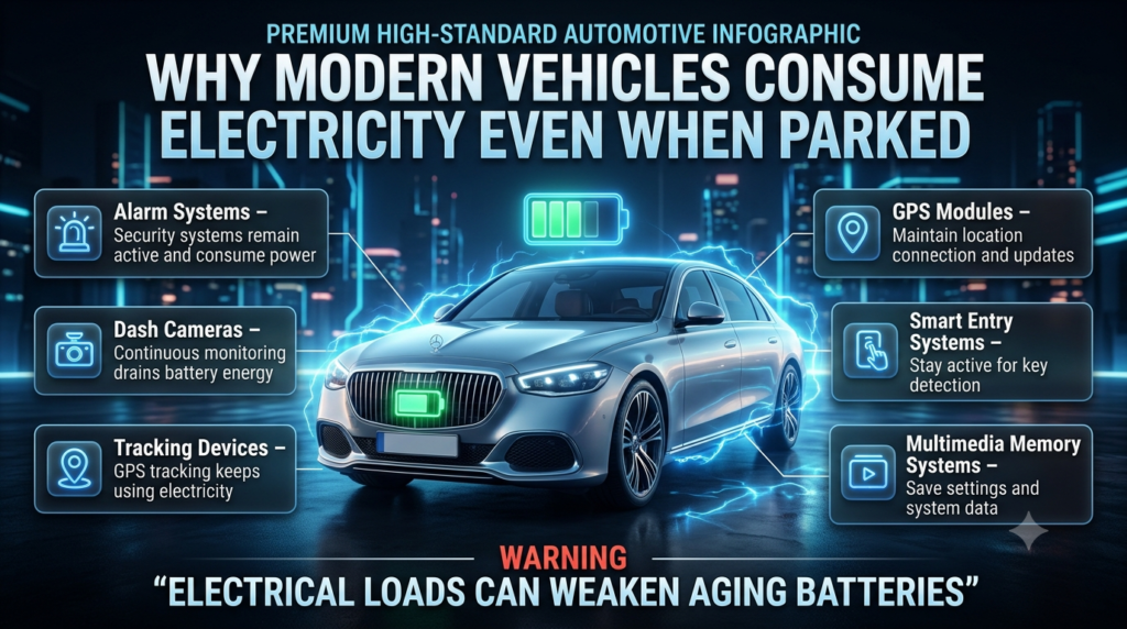 Modern vehicle parked with technology systems consuming electricity and weakening an aging car battery infographic