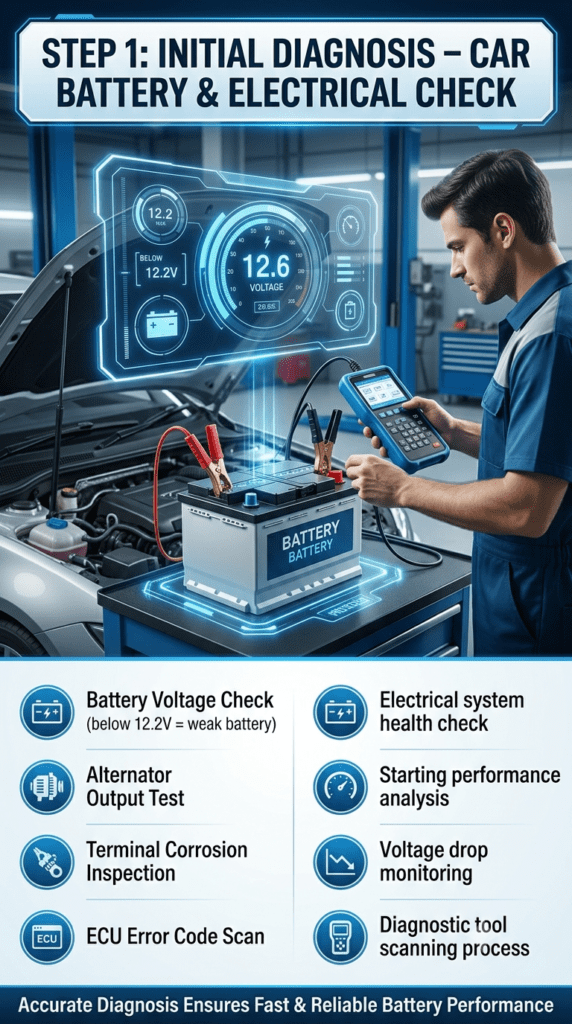 Automotive diagnostic infographic showing Step 1: Initial battery diagnosis including voltage testing, alternator output check, ECU scanning, and corrosion inspection in a modern workshop setting.