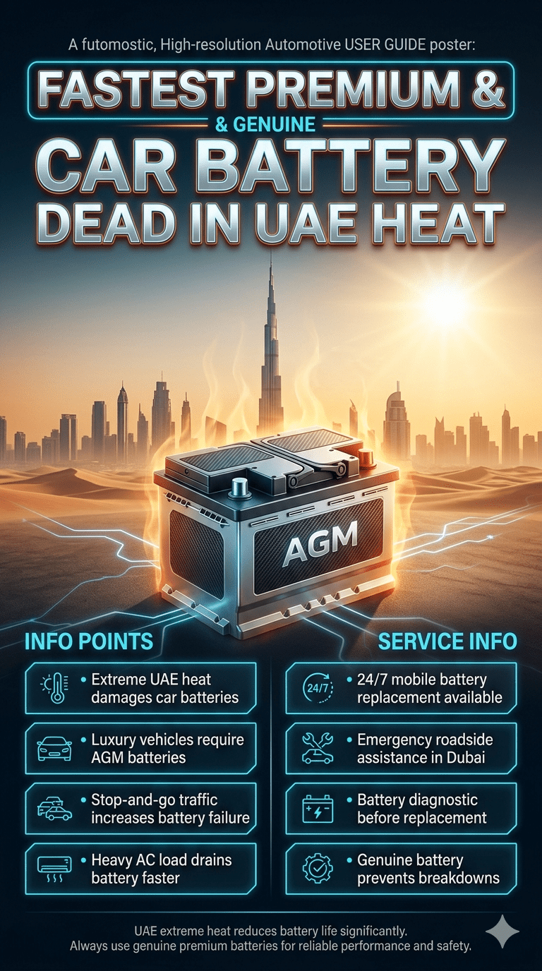 Luxury car battery failure infographic showing UAE heat impact, Dubai skyline, and emergency mobile battery replacement service guide.