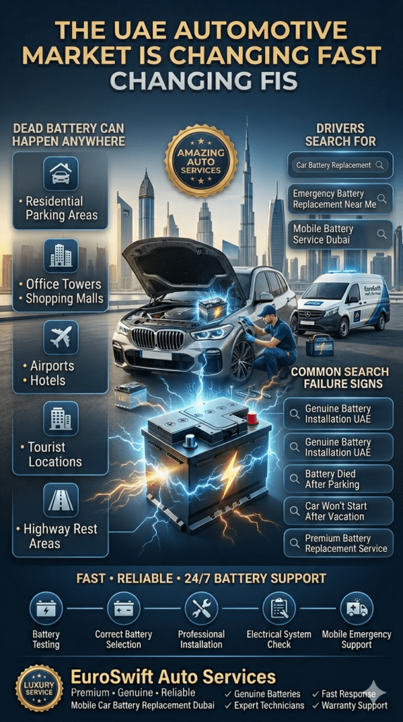 Premium UAE car battery replacement infographic showing Dubai automotive services, luxury vehicle, battery technician, emergency roadside support, and common battery problems.