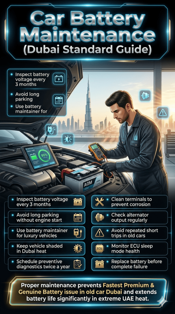 Automotive infographic showing car battery maintenance tips in Dubai including voltage checks, terminal cleaning, alternator inspection, and preventive care.