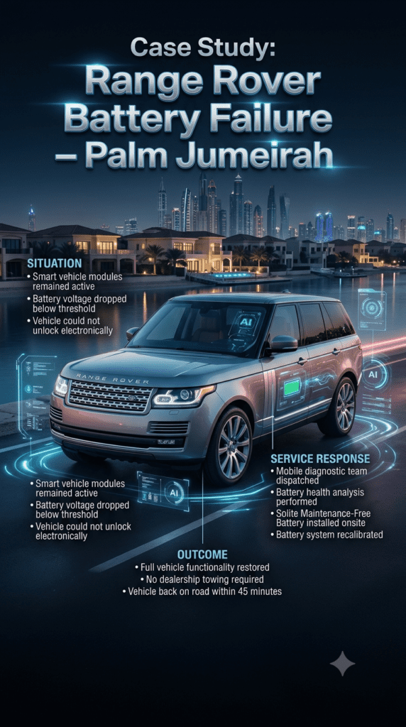 Range Rover battery failure case study at Palm Jumeirah showing smart system failure, mobile diagnostics, Solite battery replacement, and full recovery within 45 minutes.