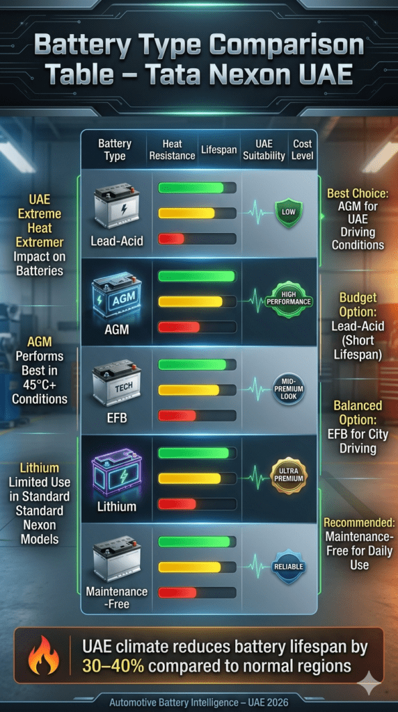 A futuristic infographic comparing Tata Nexon battery types in UAE showing heat resistance, lifespan, suitability, and cost levels in a clean automotive table design.