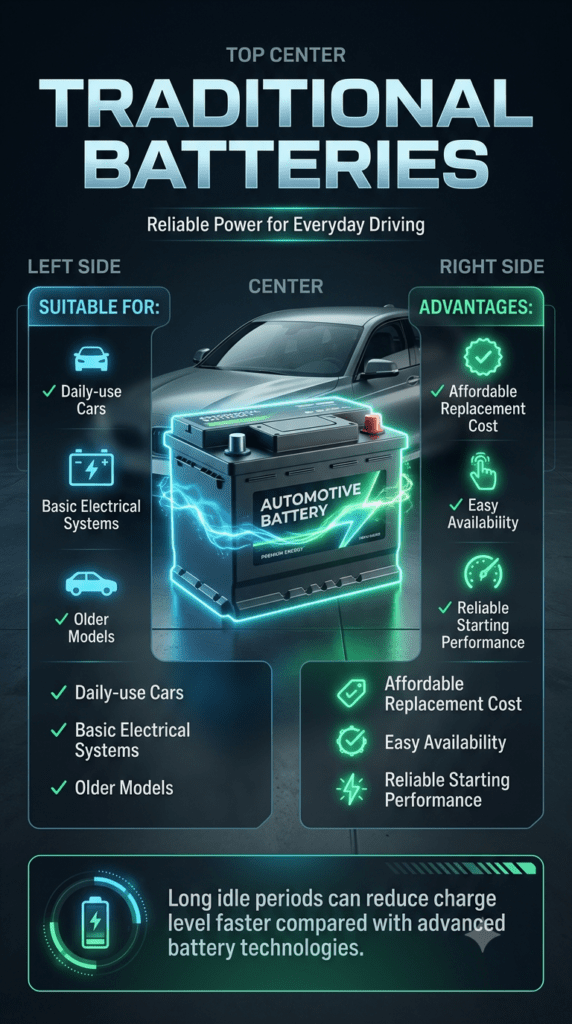 Traditional car battery infographic showing suitable vehicles, advantages, and charging performance information with a premium 3D battery design.