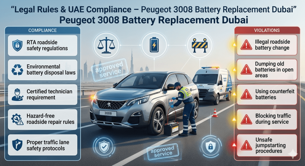 Peugeot 3008 roadside battery replacement compliance infographic showing UAE legal rules, certified technician service, and violation warnings in a Dubai highway environment.