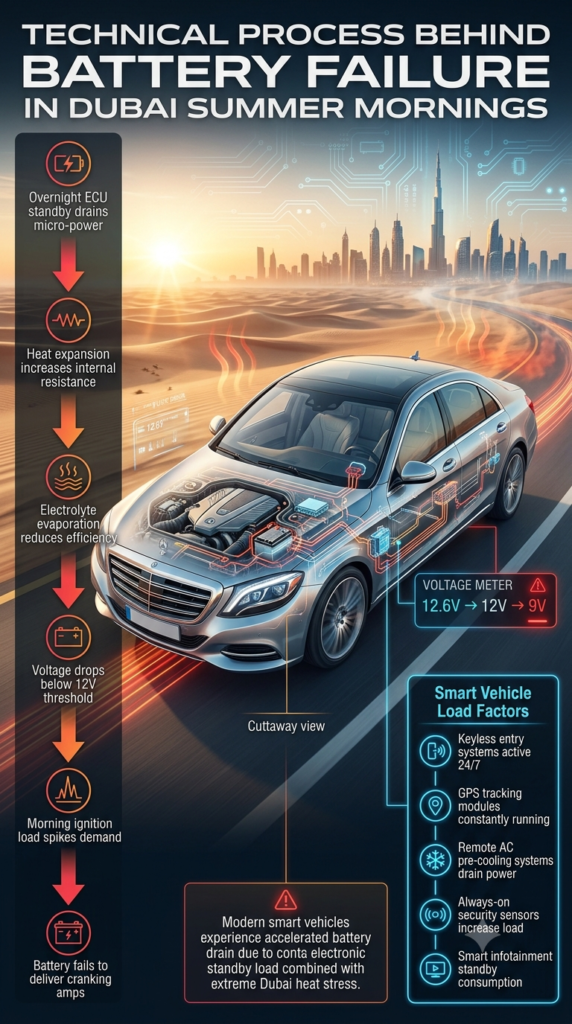 Technical infographic showing battery failure process in Dubai summer mornings including ECU drain, heat resistance loss, voltage drop, and smart vehicle electronic load systems affecting car batteries in extreme UAE temperatures.