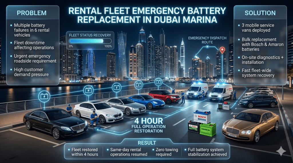 Case study infographic showing rental fleet battery replacement in Dubai Marina with mobile vans, Bosch and Amaron batteries, and full fleet recovery within 4 hours.