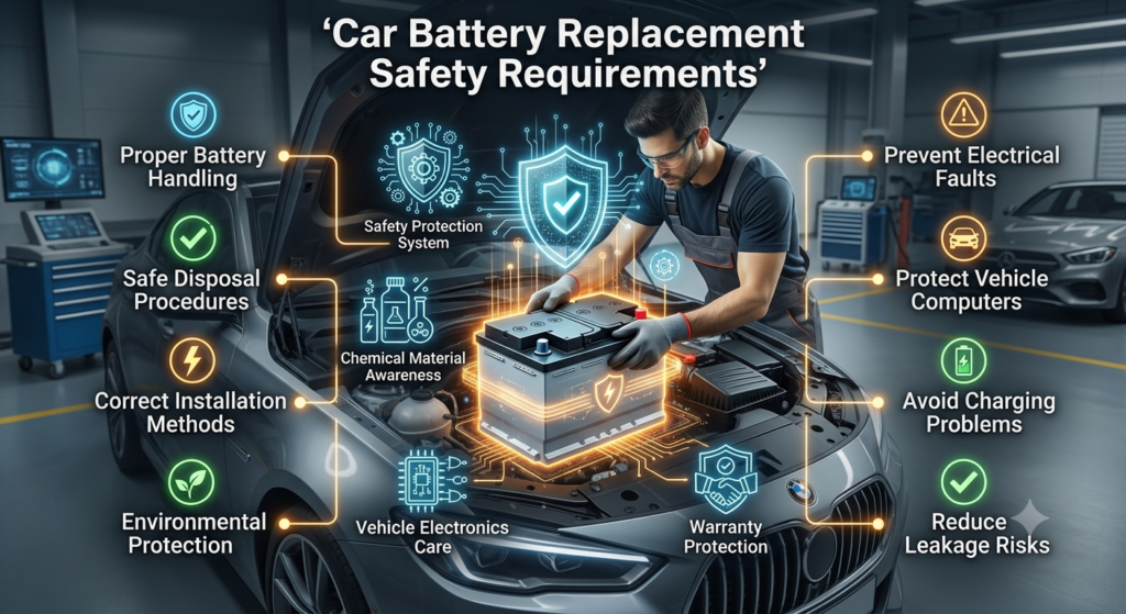 Car battery replacement safety requirements infographic showing proper handling, safe disposal, correct installation, electrical protection, and vehicle safety procedures.