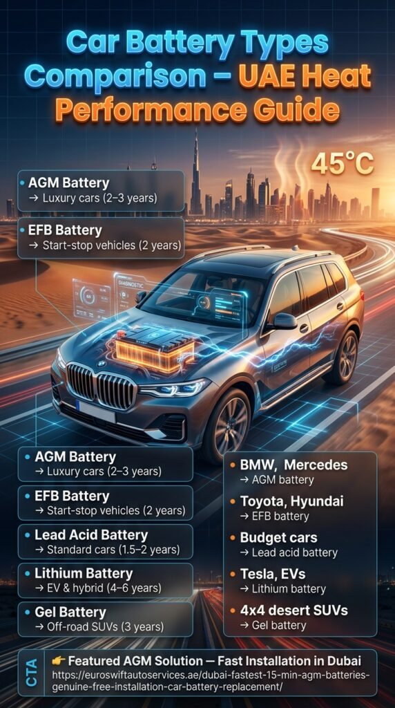 Car battery types comparison infographic showing AGM, EFB, lithium, lead acid, and gel batteries with lifespan and vehicle compatibility in UAE heat conditions.