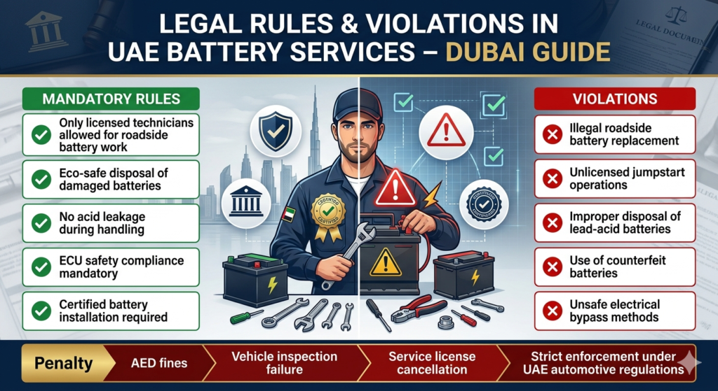 Legal Rules & Violations in UAE Battery Services – Dubai Compliance Guide Automotive compliance infographic showing UAE battery service legal rules and violations, with licensed technician requirements, illegal practices warnings, and penalty information in a structured government-style design.