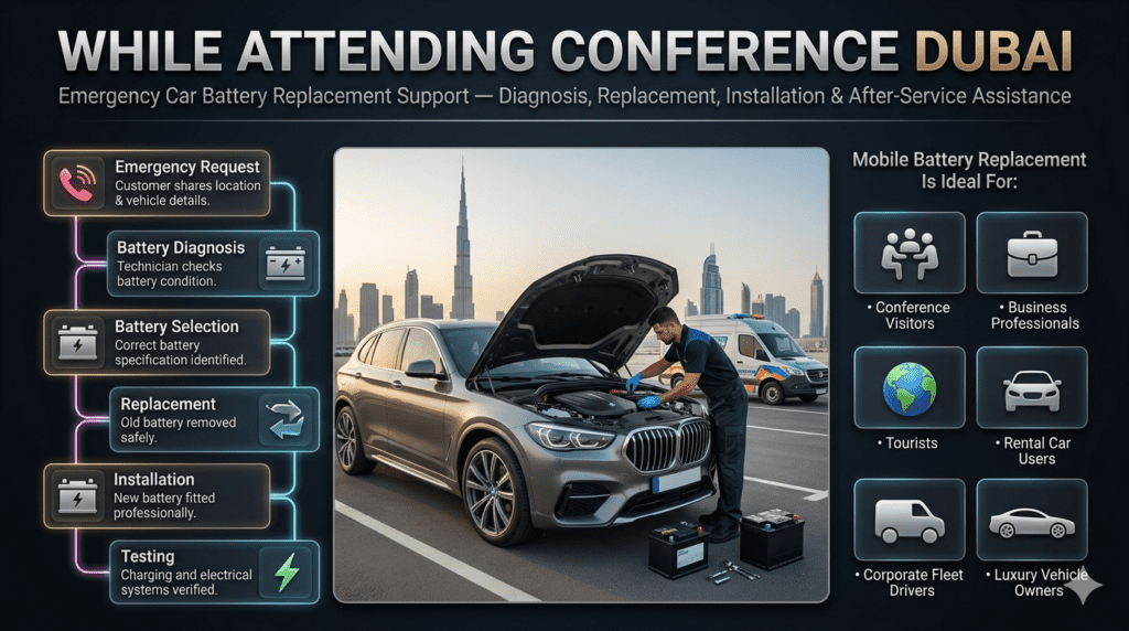 Premium emergency car battery replacement support guide for conference visitors in Dubai showing mobile battery assistance process, diagnosis, installation, testing, and roadside service.