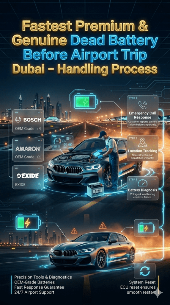 Luxury car battery replacement process infographic in Dubai showing step-by-step emergency roadside service from call response to ECU reset near airport.