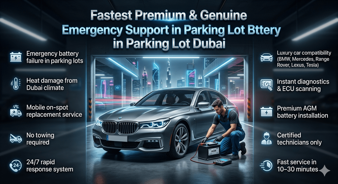 Fastest Premium and Genuine Car Battery Emergency Support in Parking Lot Dubai showing mobile mechanic replacing battery in luxury car with Dubai underground parking background and emergency service guide points.