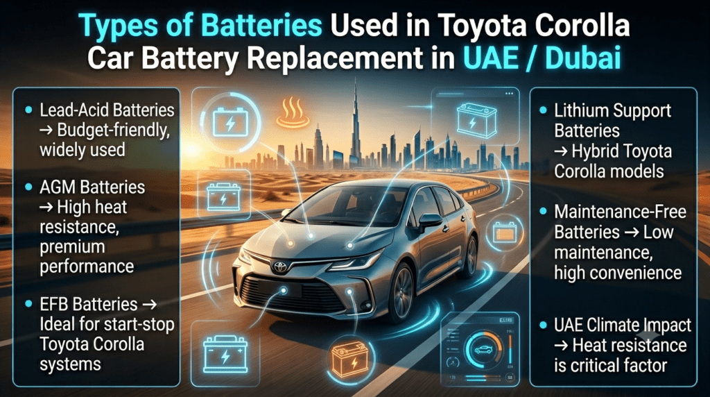 Types of batteries used in Toyota Corolla Car Battery Replacement in UAE Dubai including lead-acid, AGM, EFB, lithium support, and maintenance-free batteries shown with futuristic car infographic design.