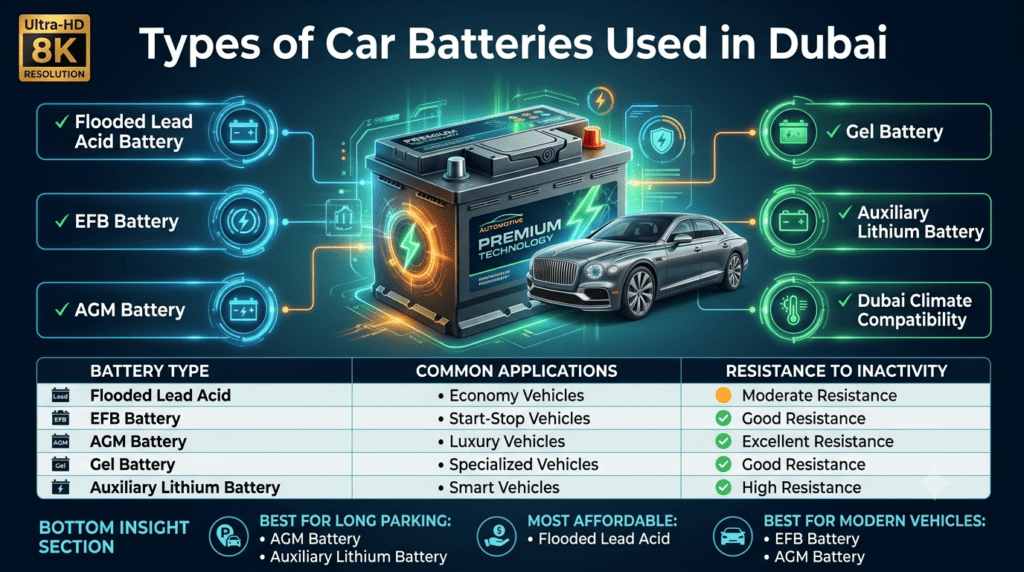 Premium automotive infographic comparing different types of car batteries used in Dubai, showing applications and resistance to inactivity with a central luxury battery and vehicle illustration.