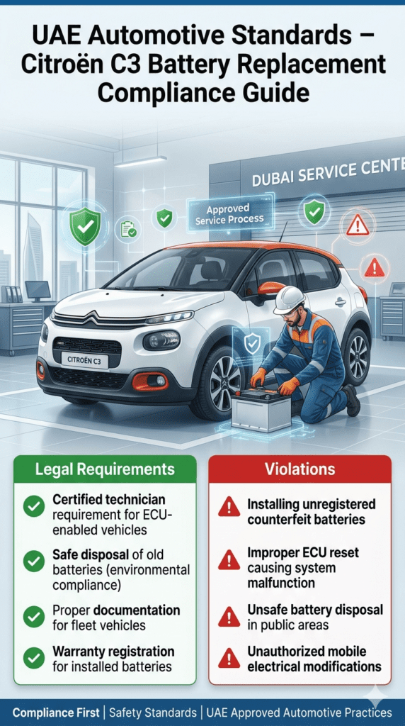 Citroën C3 battery replacement UAE legal compliance infographic showing certified technician rules, safe disposal requirements, warranty registration, and violation warnings.