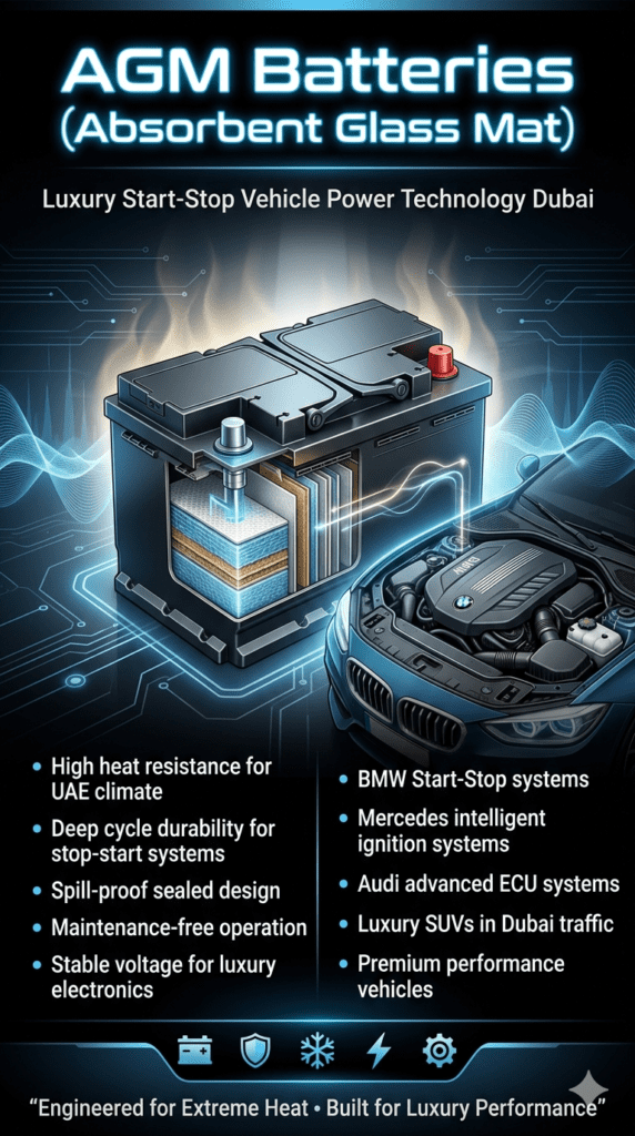 AGM battery infographic showing internal structure, luxury car compatibility, and high heat resistance features for BMW, Mercedes, and Audi vehicles in Dubai.